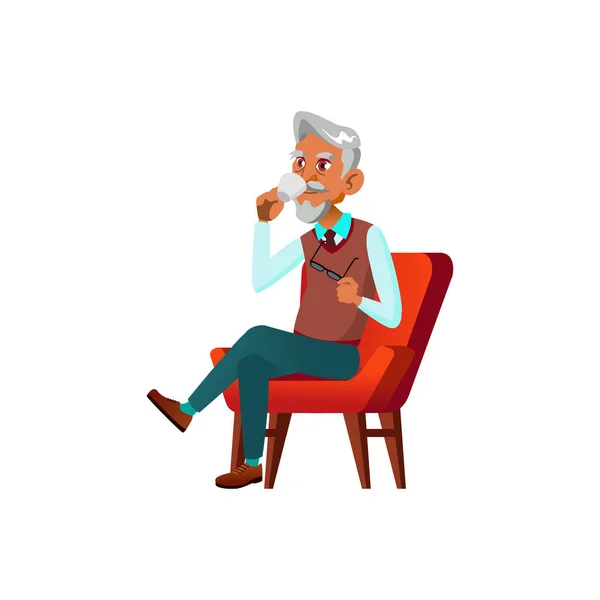 Elegant old man drinking coffee in living room cartoon vector — Stock Vector