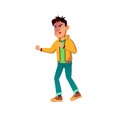 Çizgi film vektöründe yumruk sallayan kızgın çocuk.