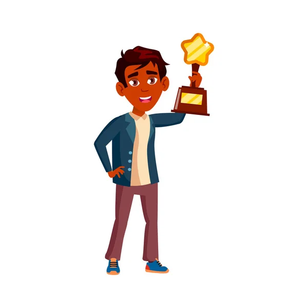 Χαρούμενο αγόρι φοιτητής κρατώντας διάνυσμα κινουμένων σχεδίων βραβείο — Διανυσματικό Αρχείο
