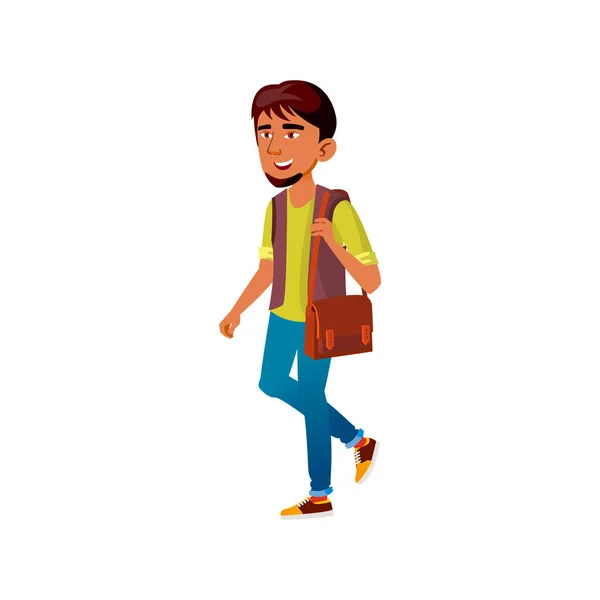 Lycka asiatisk tonåring pojke promenader med väska tecknad vektor — Stock vektor