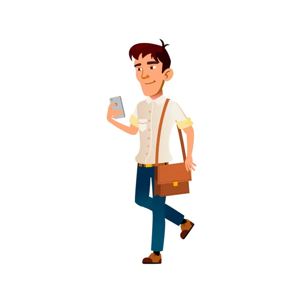 Мальчик ходит с сумкой и болтает по вектору мультика мобильного телефона — стоковый вектор