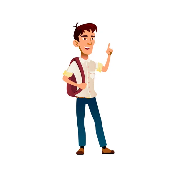 Jongen leerling met rugzak duim omhoog cartoon vector — Stockvector