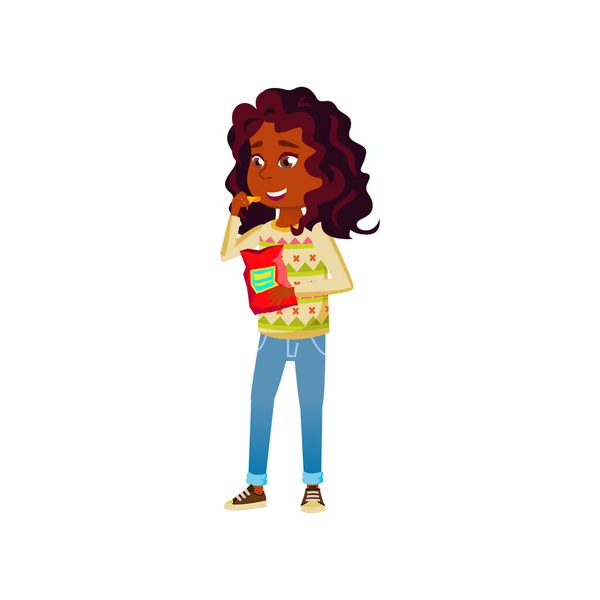 Happy african girl kid eating chips cartoon vector — Stock Vector