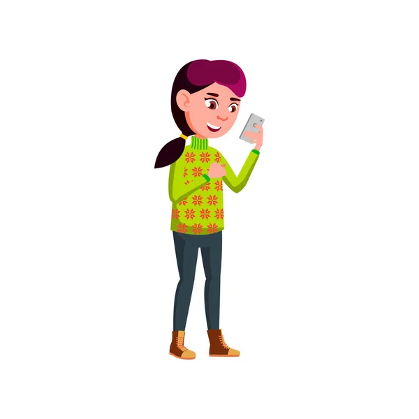 Felice ragazza lettura messaggio su smartphone cartone animato vettore — Vettoriale Stock