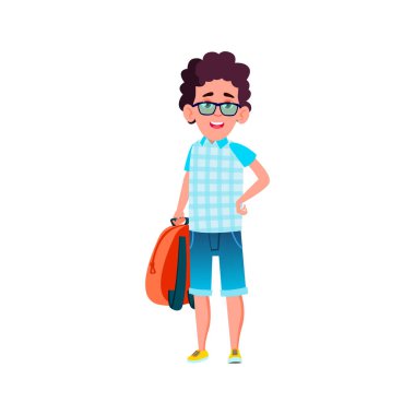 Kafkasyalı turist çocuk karikatür vektörüne gidiyor.