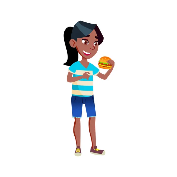 Chica africana comiendo hamburguesa con queso en la comida rápida café vector de dibujos animados — Vector de stock