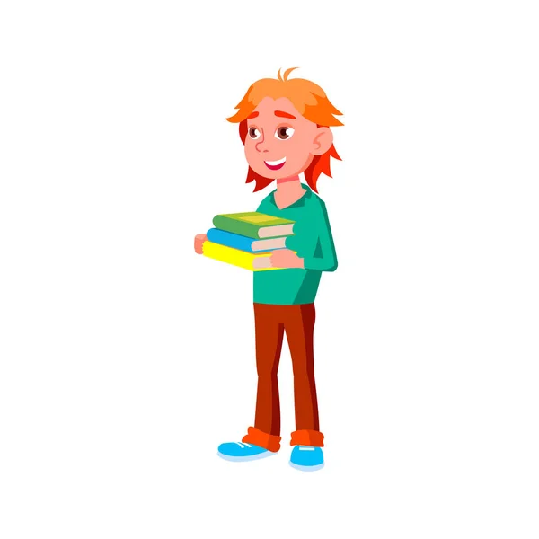 Menino alegre aluno carregando livros educativos vetor de desenhos animados — Vetor de Stock