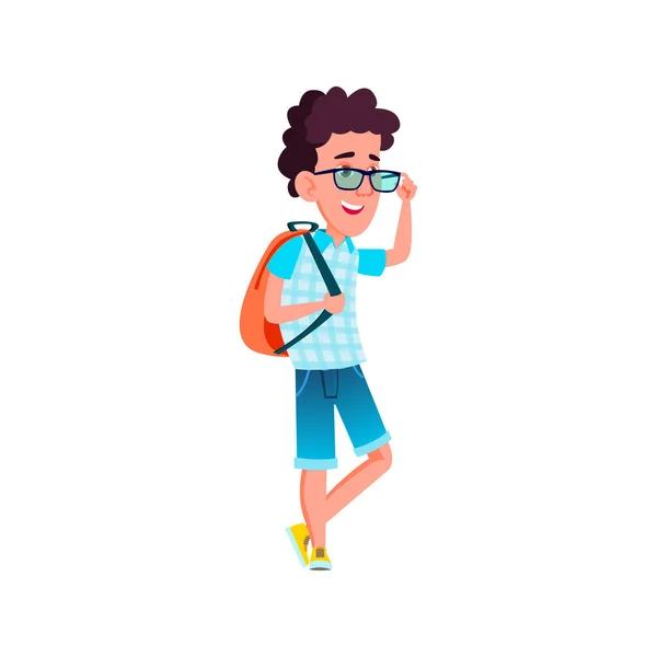 Happy boy pupil with backpack going to college cartoon vector — Stock Vector