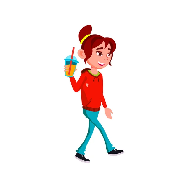 Chica feliz disfrutando de refresco tropical bebida vector de dibujos animados — Vector de stock
