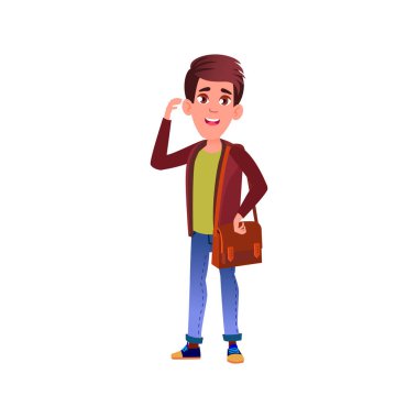 Kolej karikatür vektöründe çantası olan çocuk öğrenci