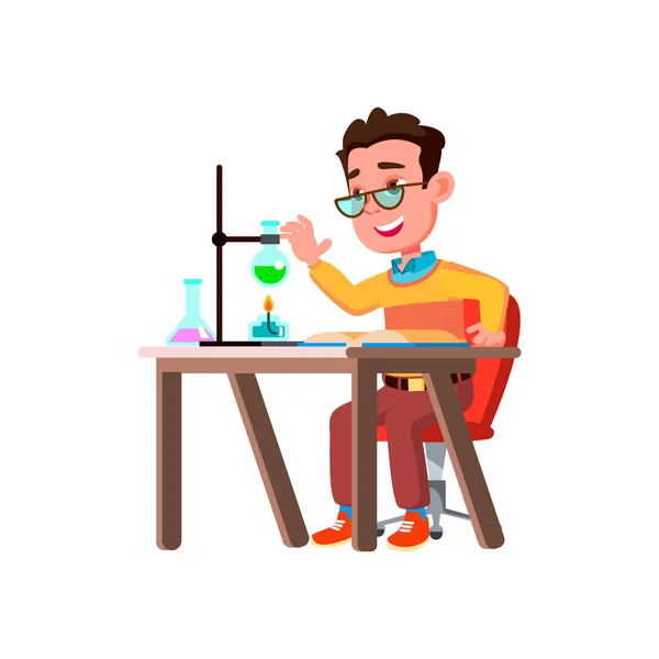 Niño genio probando teoría química en vector de dibujos animados de laboratorio — Vector de stock