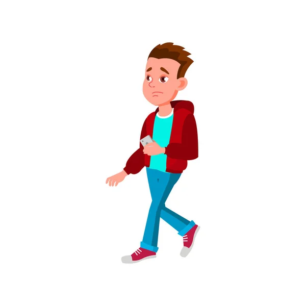Triste caucasiano menino andar com celular na reunião cartoon vetor — Vetor de Stock