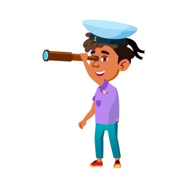 Casus cam karikatür vektörüne bakan Latin çocuk kaptan.