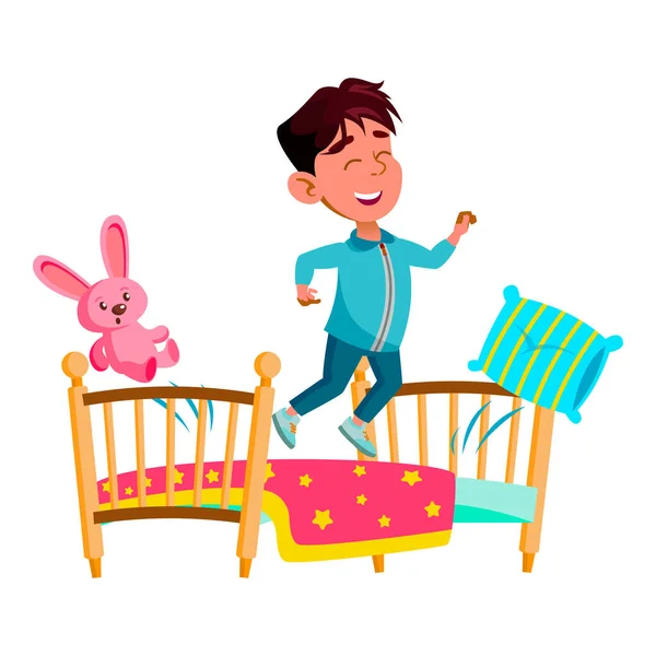Felicidad chico saltar en la cama con juguete de dibujos animados vector — Archivo Imágenes Vectoriales