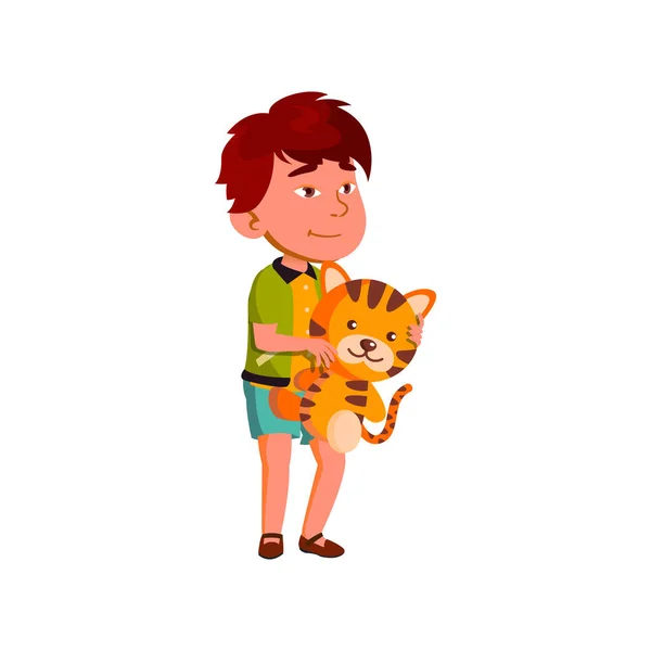 Pequeño niño tiene tigre juguete presente en cumpleaños de dibujos animados vector — Archivo Imágenes Vectoriales