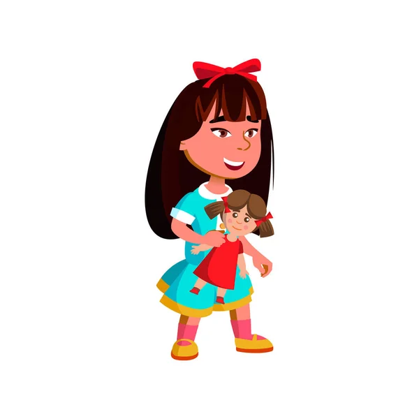 Kleine asiatische Mädchen spielen mit Puppe im Kindergarten cartoon Vektor — Stockvektor
