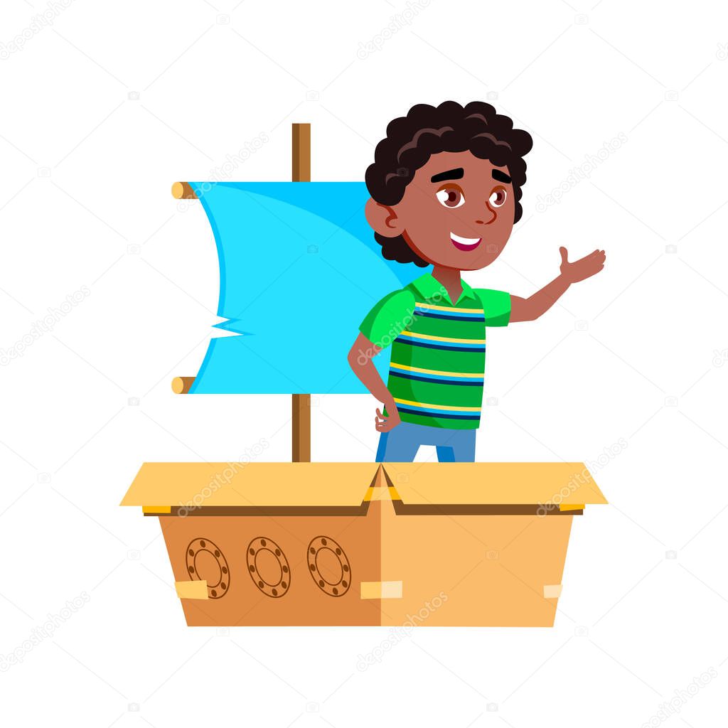 little boy playing captain and floating on carton boat cartoon vector