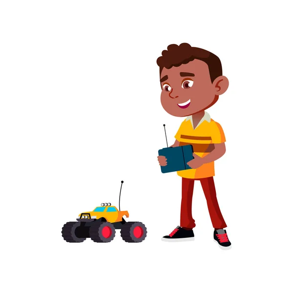 Индийский мальчик играть с беспроводным управлением автомобиля игрушечный вектор мультфильм — стоковый вектор