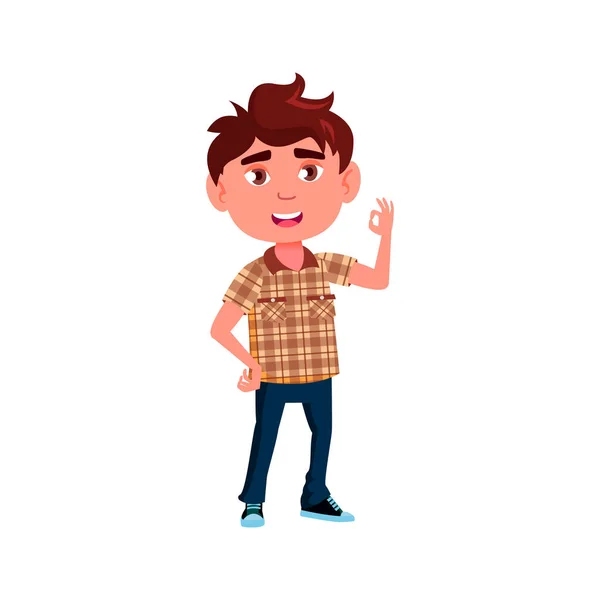 Positieve emotie kleine jongen kind gebaren op ouder cartoon vector — Stockvector