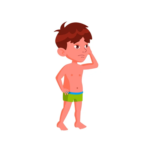 Pozorný chlapec dítě na pláži karikatura vektor — Stockový vektor