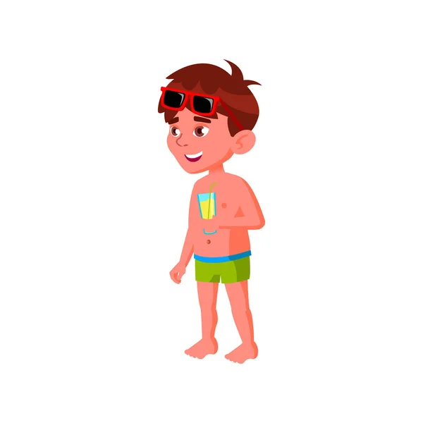 Niño feliz con jugo descansando cerca de la piscina vector de dibujos animados — Vector de stock