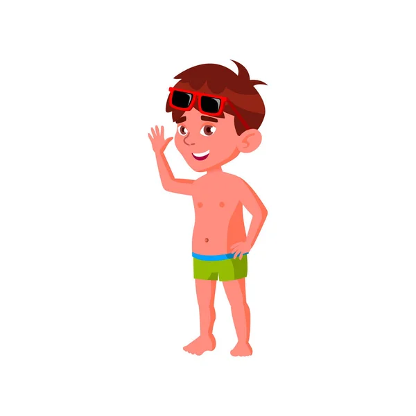 Divertido niño pequeño con gafas de sol saludando a los padres en la playa vector de dibujos animados — Vector de stock