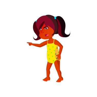 heyecanlı küçük kız yüzme havuzu karikatür vektöründe kardeşine bağırıyor.