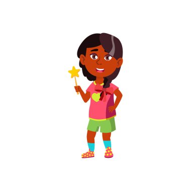 Komik Hintli kız sihirli değnek çizgi film vektörüyle oynuyor.