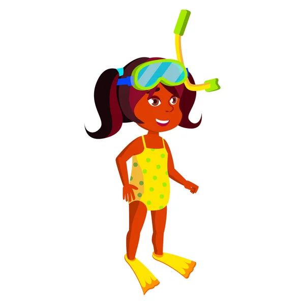 Ragazza indiana bambino con pagaie e maschera per il nuoto vettore cartone animato — Vettoriale Stock