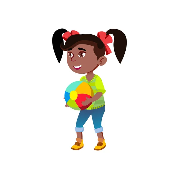 Sonriente chica africana jugar con la pelota en la playa vector de dibujos animados — Archivo Imágenes Vectoriales