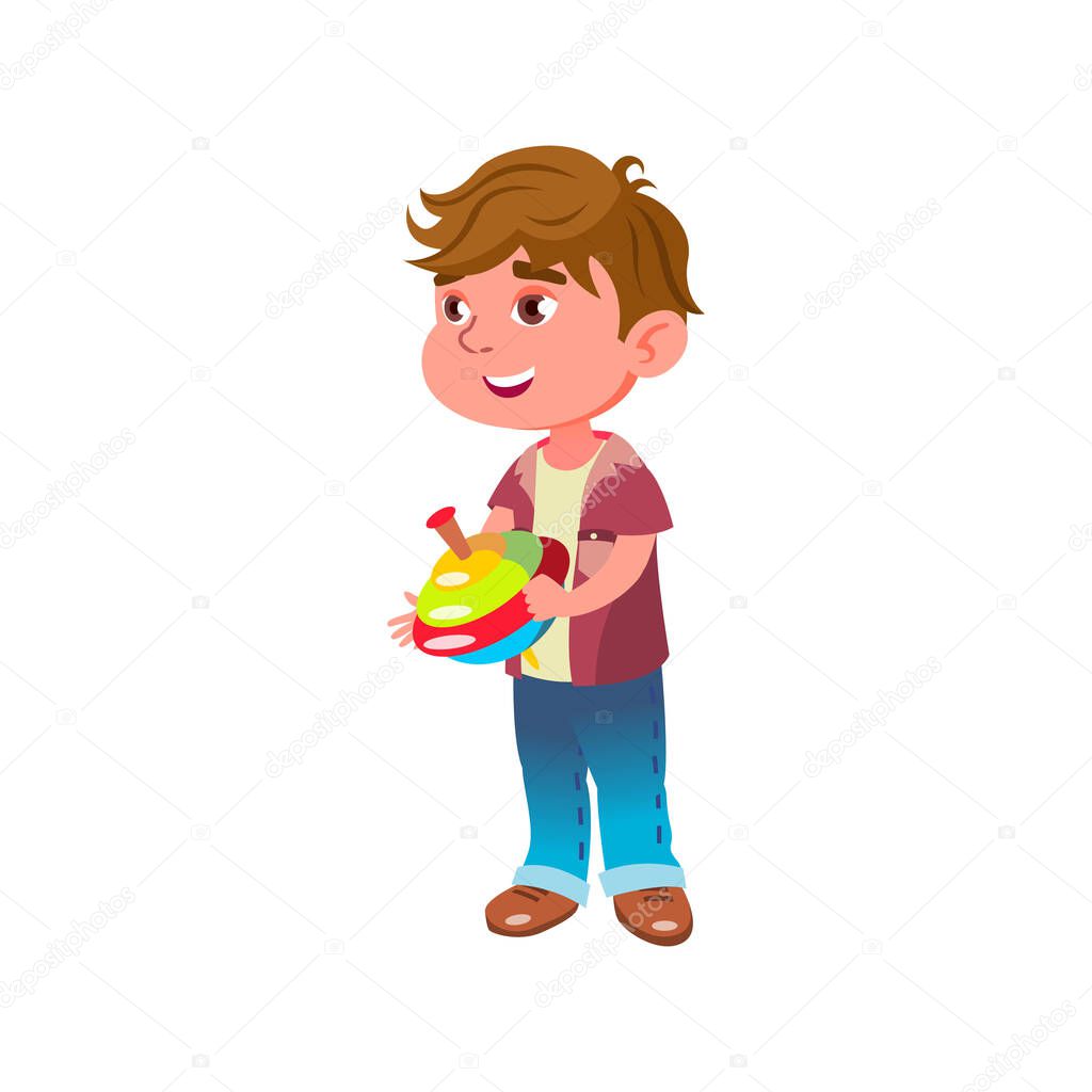 cute little boy play with humming top in children room cartoon vector