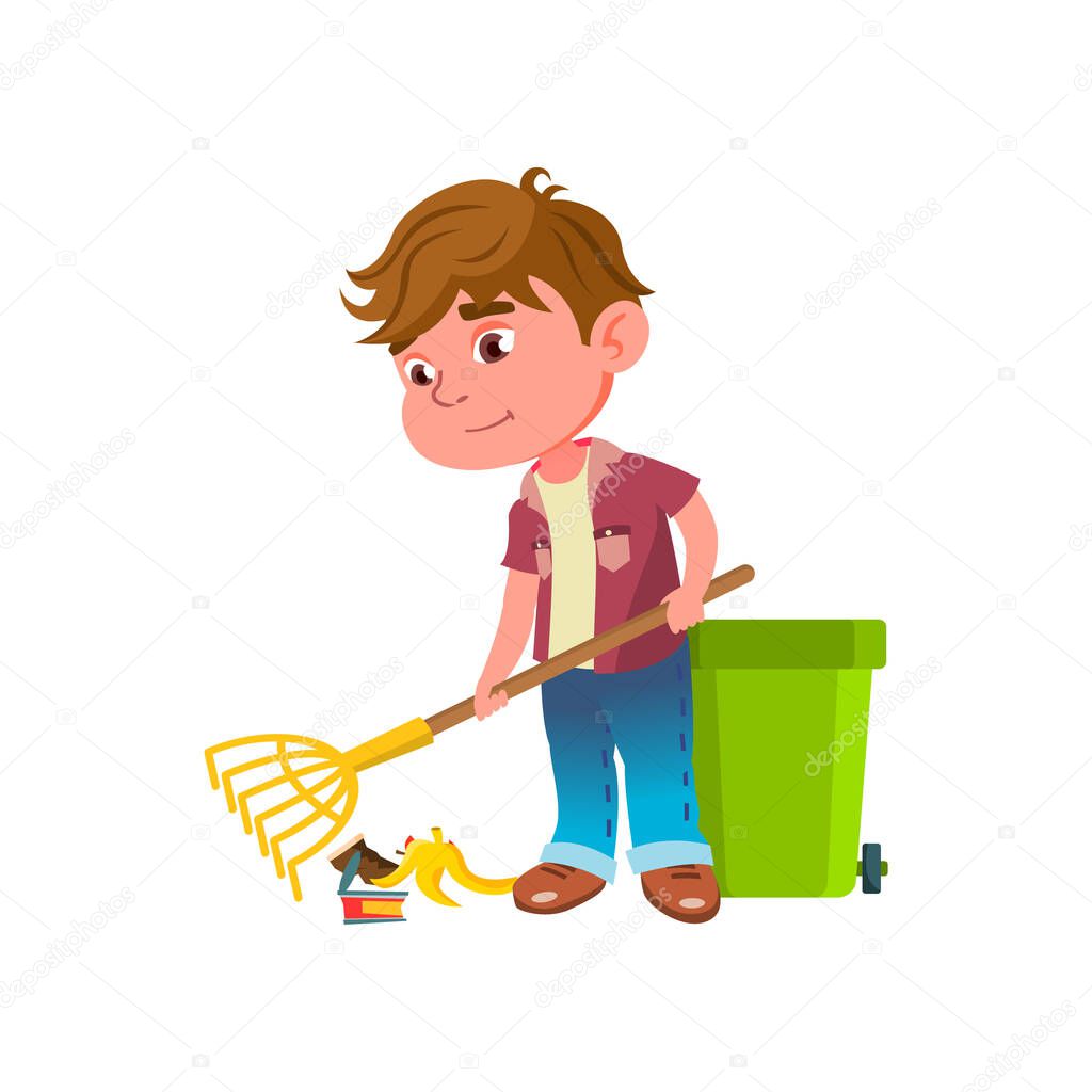 little boy child cleaning trash on street cartoon vector