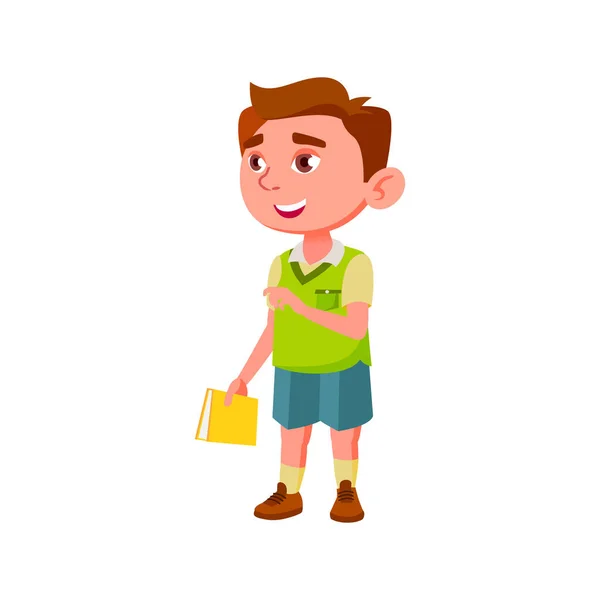 小学校の先生とノート話をする笑顔の男の子漫画ベクトル — ストックベクタ