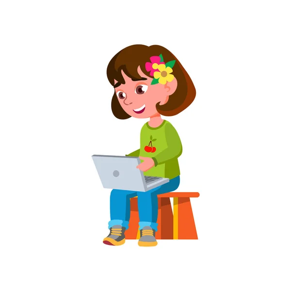 Cute girl watching cartoon on laptop cartoon vector — Stock Vector