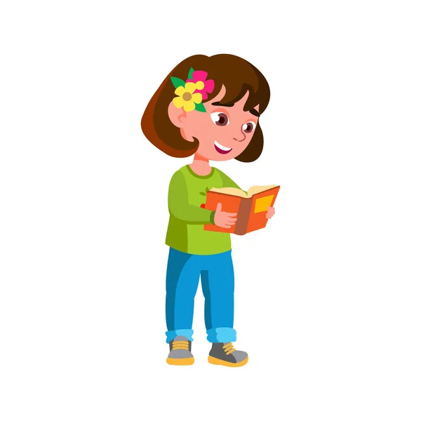 Αστείο κοριτσάκι ανάγνωση βιβλίο στο βιβλιοπωλείο κινουμένων σχεδίων διάνυσμα — Διανυσματικό Αρχείο