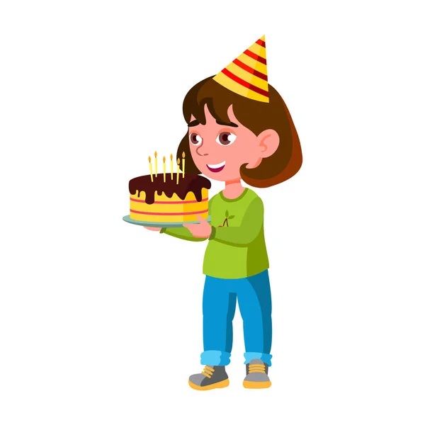 女の子は誕生日を祝いケーキ漫画のベクトルでろうそくを吹き消す — ストックベクタ