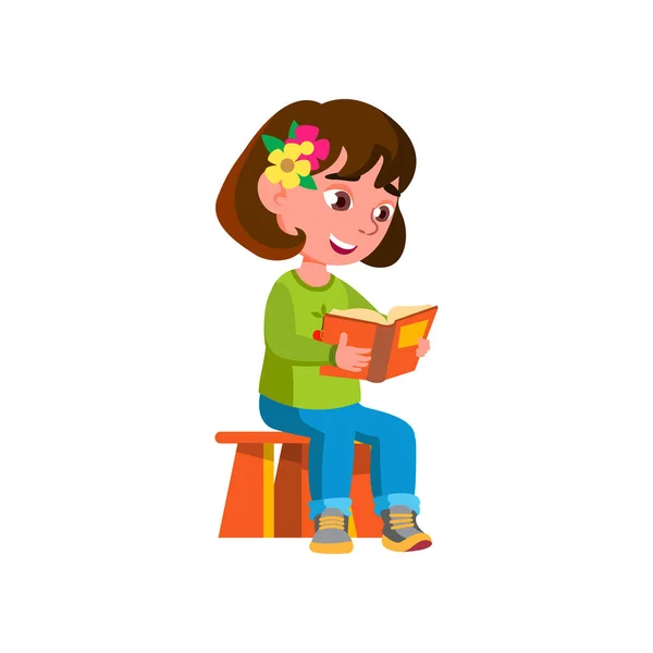 Okos lány gyerek olvasás abc könyv óvoda rajzfilm vektor — Stock Vector