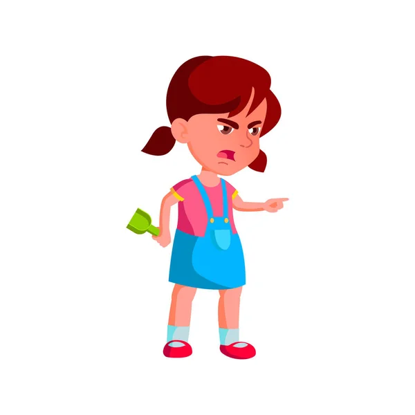 Menina zangada com pá brinquedo gritando com amigo em sandbox cartoon vetor — Vetor de Stock