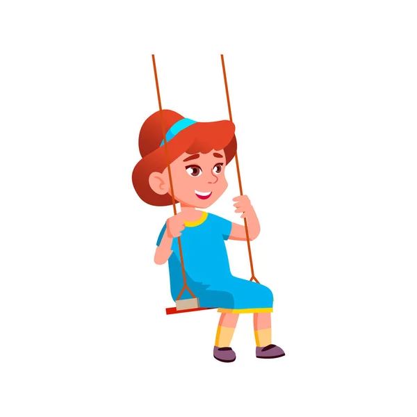 Glada söt flicka som leker på swing i park tecknad vektor — Stock vektor
