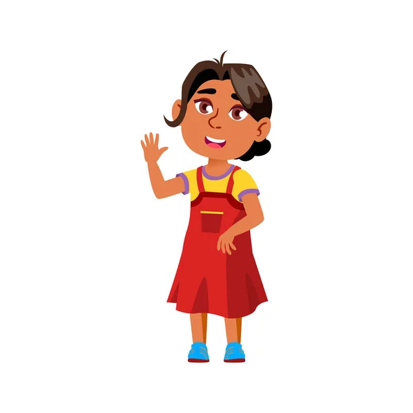 Carino indiano ragazza saluto genitori in scuola elementare cartoni animati vettore — Vettoriale Stock