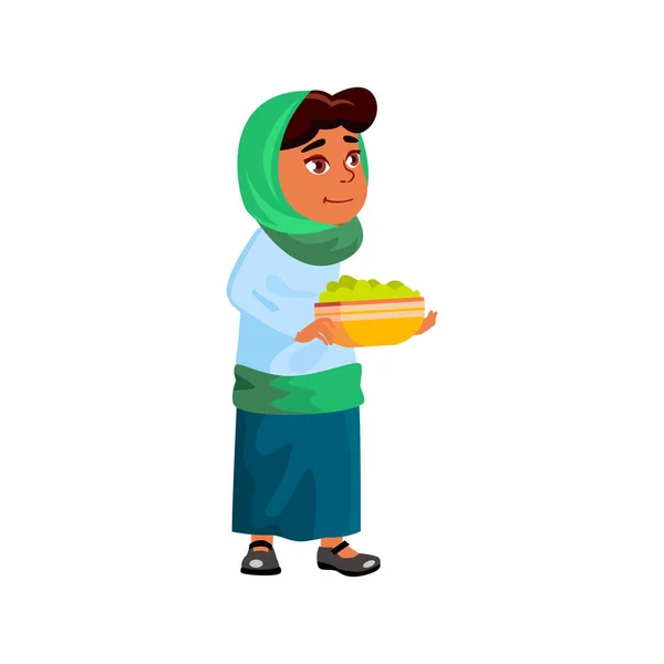 Chica divertida preadolescente llevando plato delicioso plato en cocina vector de dibujos animados — Vector de stock