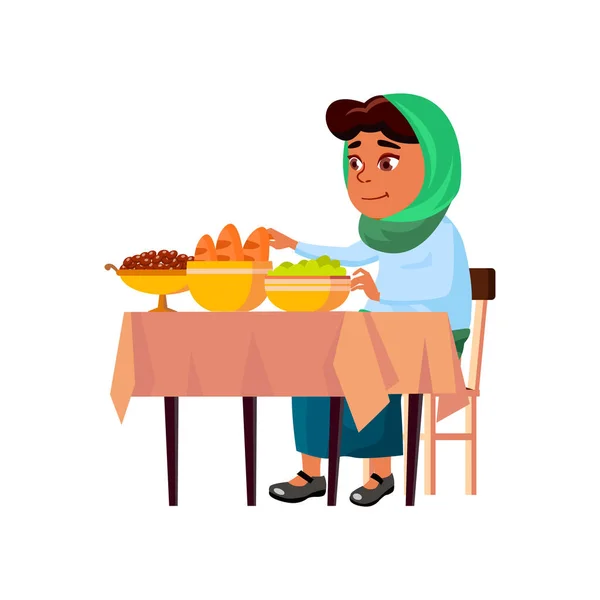 Hungry arabic lady devouring tasty meals at feast cartoon vector — Stock Vector