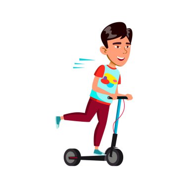 Mutlu Japon çocuk şehir çizgi filmi vektöründe scooter sürüyor.