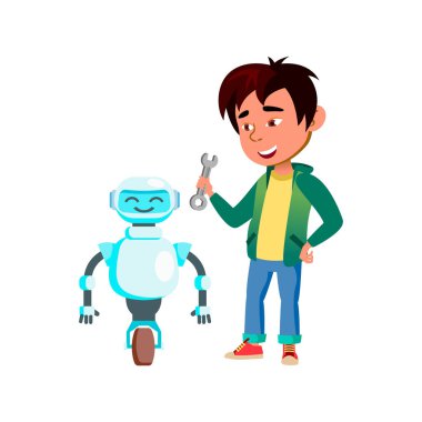 Çinli çocuk çizim vektöründe robot tamir ediyor.