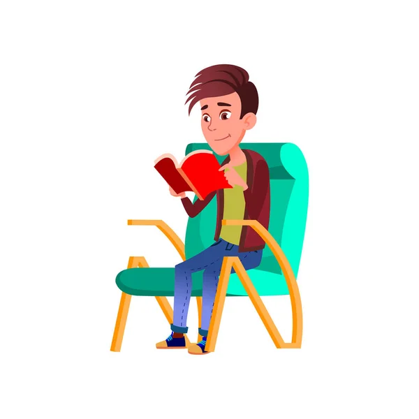 Garçon caucasien assis dans un fauteuil confortable lecture livre dessin animé vecteur — Image vectorielle