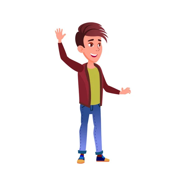 Jongen met positieve emotie blij om te zien vrienden cartoon vector — Stockvector