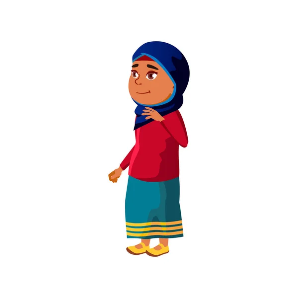 Niña musulmana sonriente niña en el vector de dibujos animados mezquita — Vector de stock