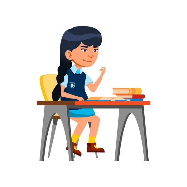 Smart kinesisk flicka sitter vid skrivbordet med böcker studerar i skolan tecknad vektor — Stock vektor