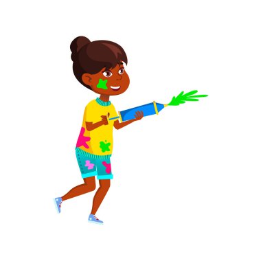 Bahçe karikatürü vektöründeki arkadaşına silahla boya sıçratan neşeli kız.