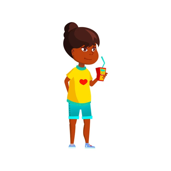Cute african girl drinking juice from package cartoon vector — Stock Vector